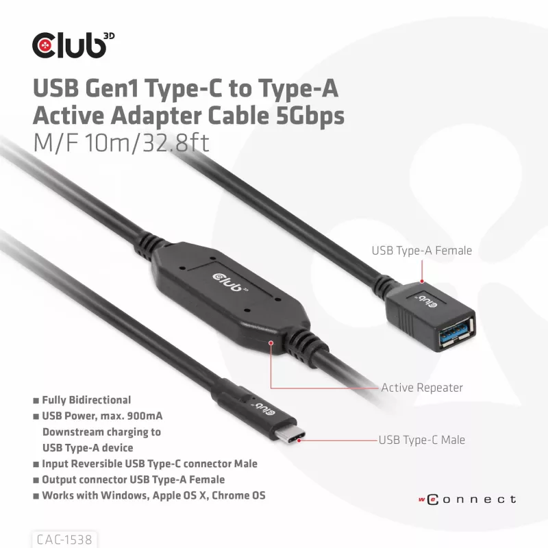 CLUB3D USB Gen1 Type-C į Type-A aktyvus adapterio laidas 5Gbps M/F 10m/32.8ft