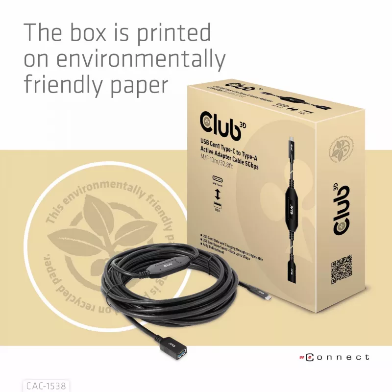 CLUB3D USB Gen1 Type-C į Type-A aktyvus adapterio laidas 5Gbps M/F 10m/32.8ft