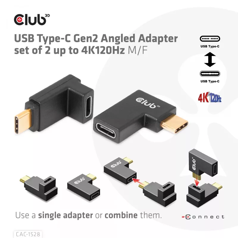 USB Type-C Gen2 kampinis adapteris 2 vnt. CLUB3D CAC-1528 — USB-C į USB-C, palaiko 4K@120Hz