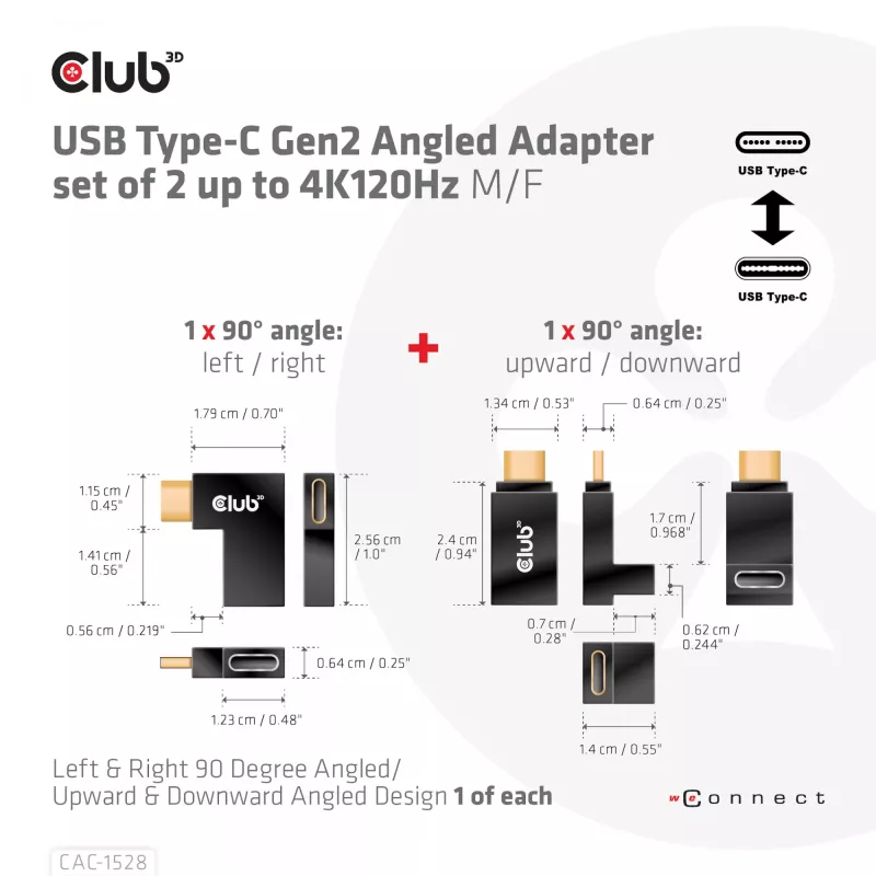 USB Type-C Gen2 kampinis adapteris 2 vnt. CLUB3D CAC-1528 — USB-C į USB-C, palaiko 4K@120Hz