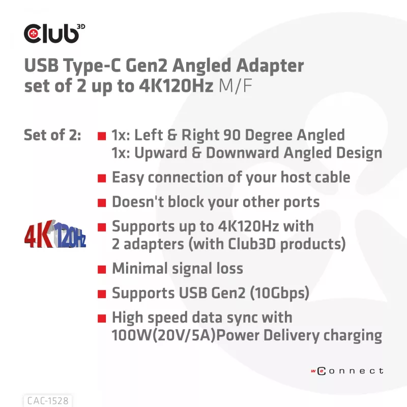 USB Type-C Gen2 kampinis adapteris 2 vnt. CLUB3D CAC-1528 — USB-C į USB-C, palaiko 4K@120Hz