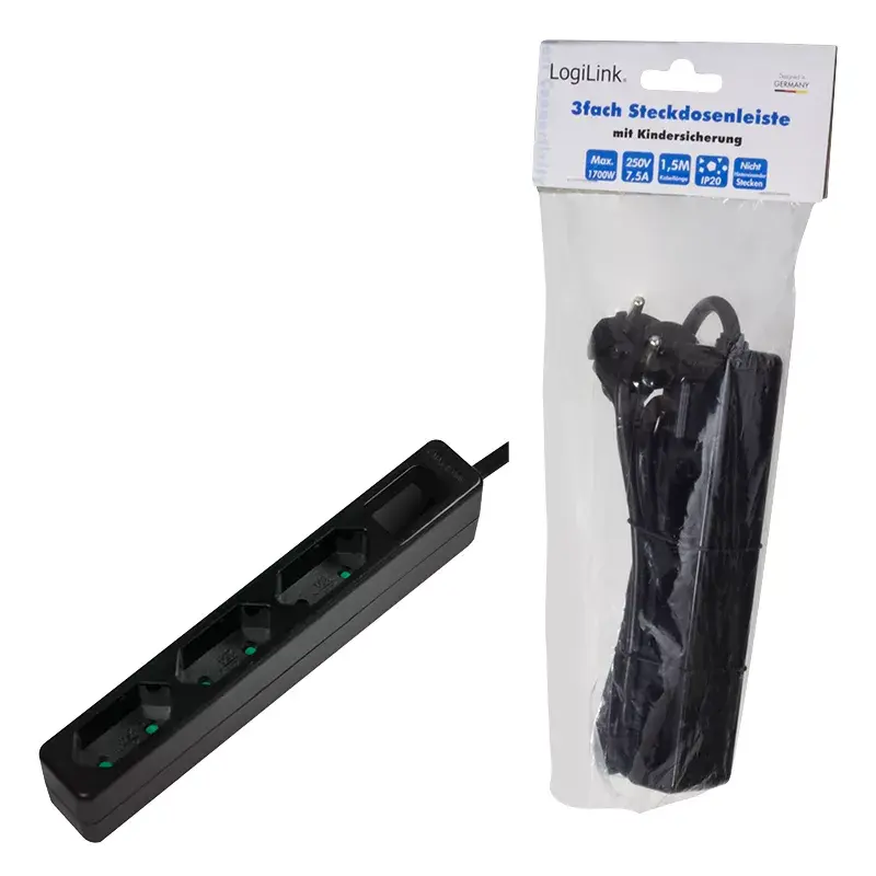 Prailginimo laidas LogiLink LPS229B 1,5 m 3 kištukiniai lizdai juodas