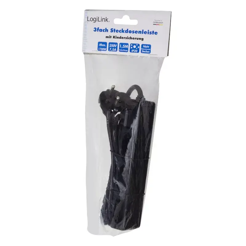 Prailginimo laidas LogiLink LPS229B 1,5 m 3 kištukiniai lizdai juodas