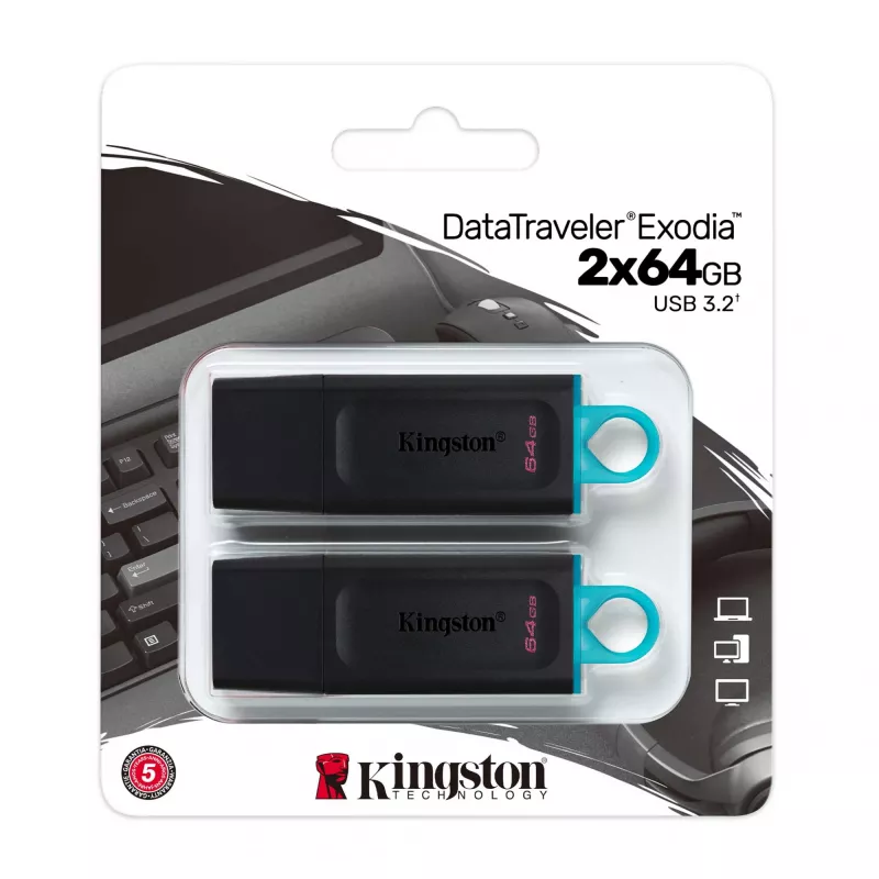 USB atmintukas Kingston 64GB USB 3.2 DataTraveler Exodia juodas/turquoise