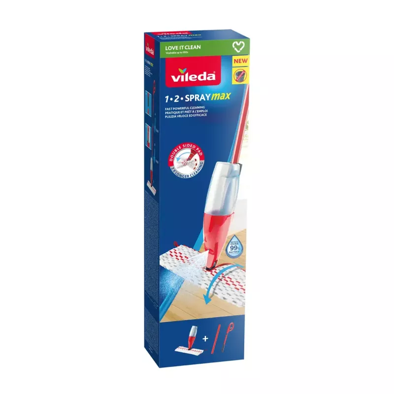 Mopas VILEDA Spray Max Microfibre Dry & Wet – plastikinė galvutė, 0,6 l vandens bakelis, antibakterinis, baltas/raudonas