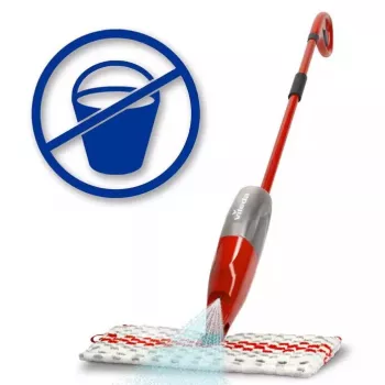 Mopas VILEDA Spray Max Microfibre Dry & Wet – plastikinė galvutė, 0,6 l vandens bakelis, antibakterinis, baltas/raudonas