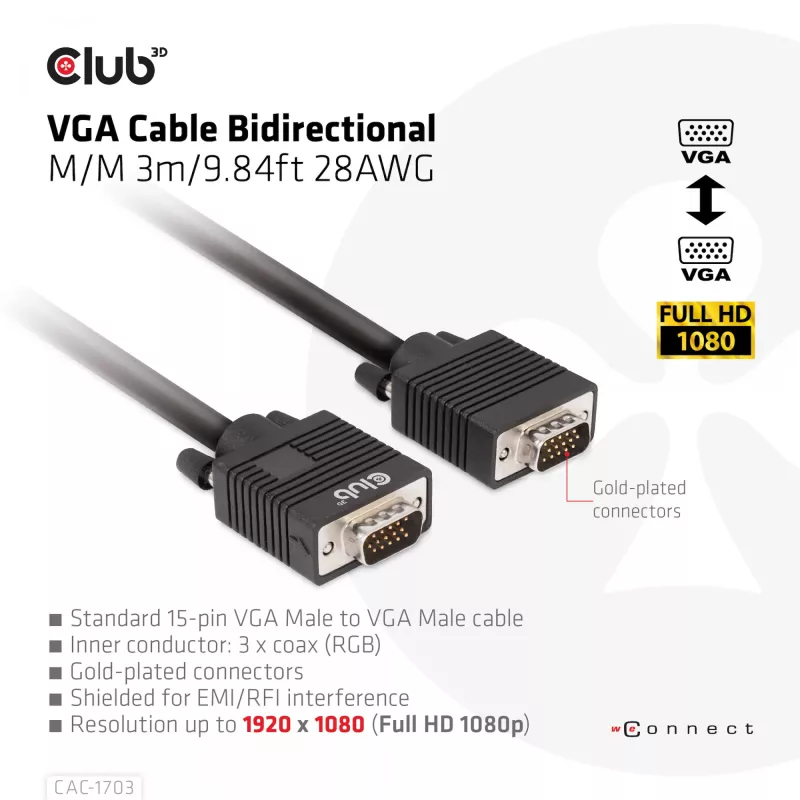 VGA kabelis abipusis M/M 3m 28AWG CLUB3D CAC-1703