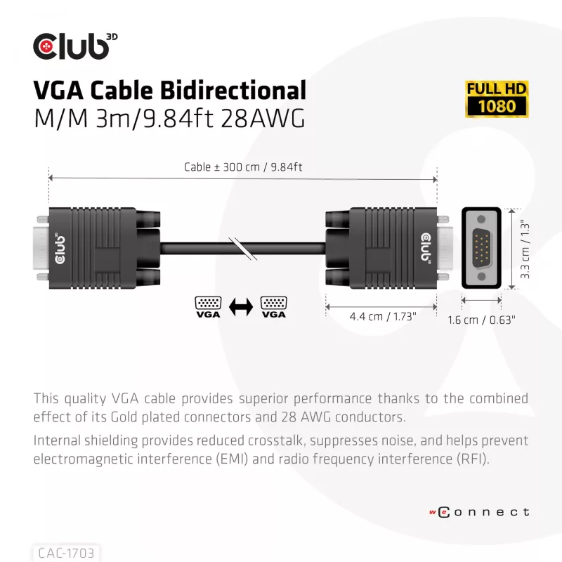 VGA kabelis abipusis M/M 3m 28AWG CLUB3D CAC-1703