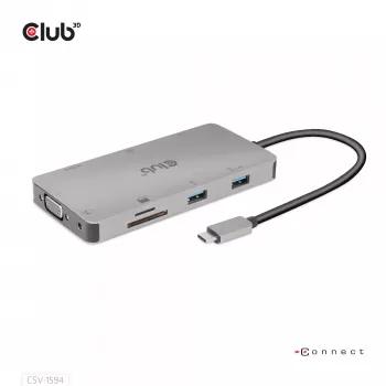 CLUB3D CSV-1594 USB Gen1 Type-C 9-in-1 centrinis įrenginys su HDMI, VGA, 2x USB Gen1 Type-A, RJ45, SD/Micro SD lizdais ir USB Gen1 Type-C moterišku prievadu