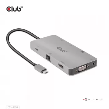 CLUB3D CSV-1594 USB Gen1 Type-C 9-in-1 centrinis įrenginys su HDMI, VGA, 2x USB Gen1 Type-A, RJ45, SD/Micro SD lizdais ir USB Gen1 Type-C moterišku prievadu