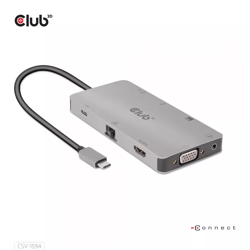 CLUB3D CSV-1594 USB Gen1 Type-C 9-in-1 centrinis įrenginys su HDMI, VGA, 2x USB Gen1 Type-A, RJ45, SD/Micro SD lizdais ir USB Gen1 Type-C moterišku prievadu