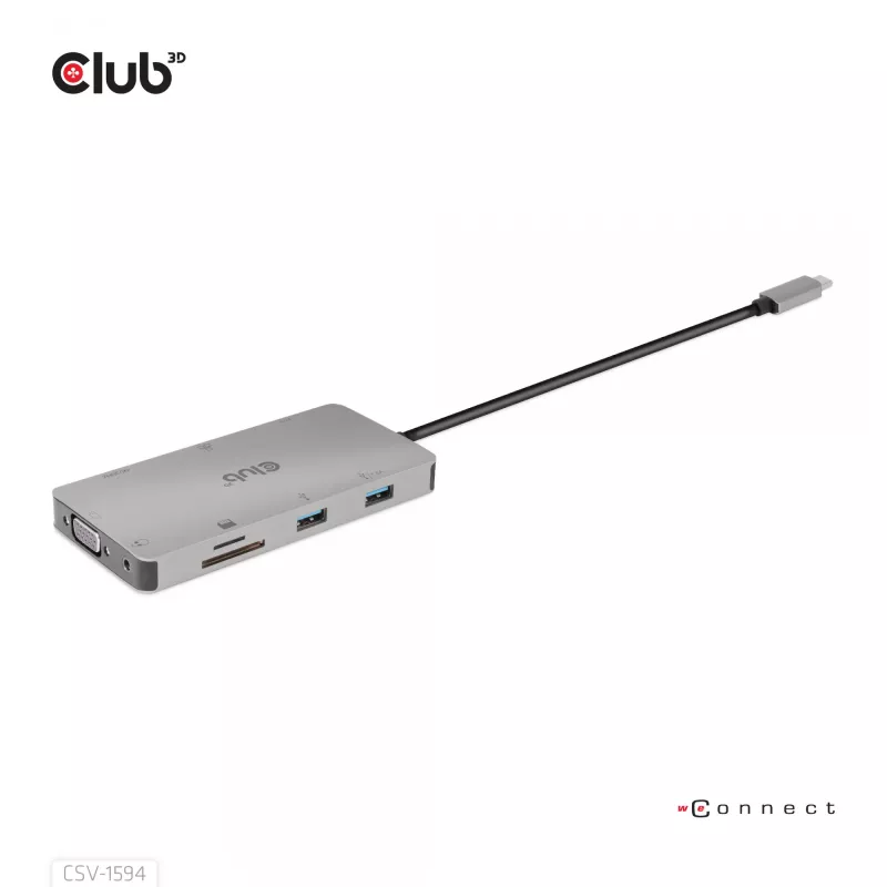 CLUB3D CSV-1594 USB Gen1 Type-C 9-in-1 centrinis įrenginys su HDMI, VGA, 2x USB Gen1 Type-A, RJ45, SD/Micro SD lizdais ir USB Gen1 Type-C moterišku prievadu