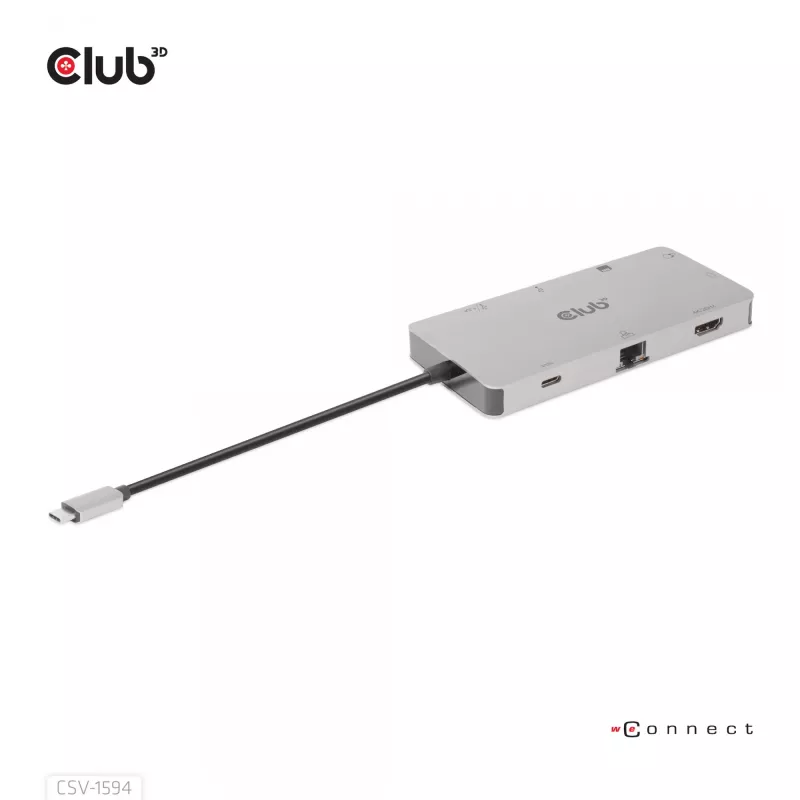 CLUB3D CSV-1594 USB Gen1 Type-C 9-in-1 centrinis įrenginys su HDMI, VGA, 2x USB Gen1 Type-A, RJ45, SD/Micro SD lizdais ir USB Gen1 Type-C moterišku prievadu