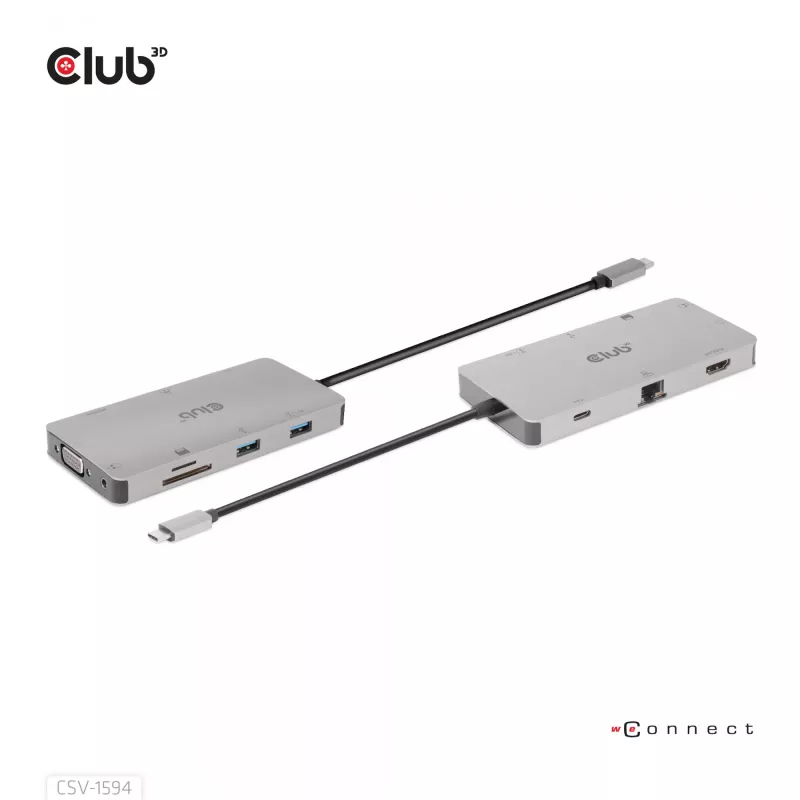 CLUB3D CSV-1594 USB Gen1 Type-C 9-in-1 centrinis įrenginys su HDMI, VGA, 2x USB Gen1 Type-A, RJ45, SD/Micro SD lizdais ir USB Gen1 Type-C moterišku prievadu