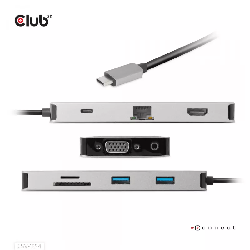 CLUB3D CSV-1594 USB Gen1 Type-C 9-in-1 centrinis įrenginys su HDMI, VGA, 2x USB Gen1 Type-A, RJ45, SD/Micro SD lizdais ir USB Gen1 Type-C moterišku prievadu