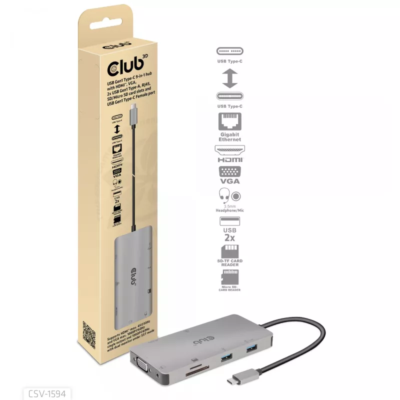 CLUB3D CSV-1594 USB Gen1 Type-C 9-in-1 centrinis įrenginys su HDMI, VGA, 2x USB Gen1 Type-A, RJ45, SD/Micro SD lizdais ir USB Gen1 Type-C moterišku prievadu