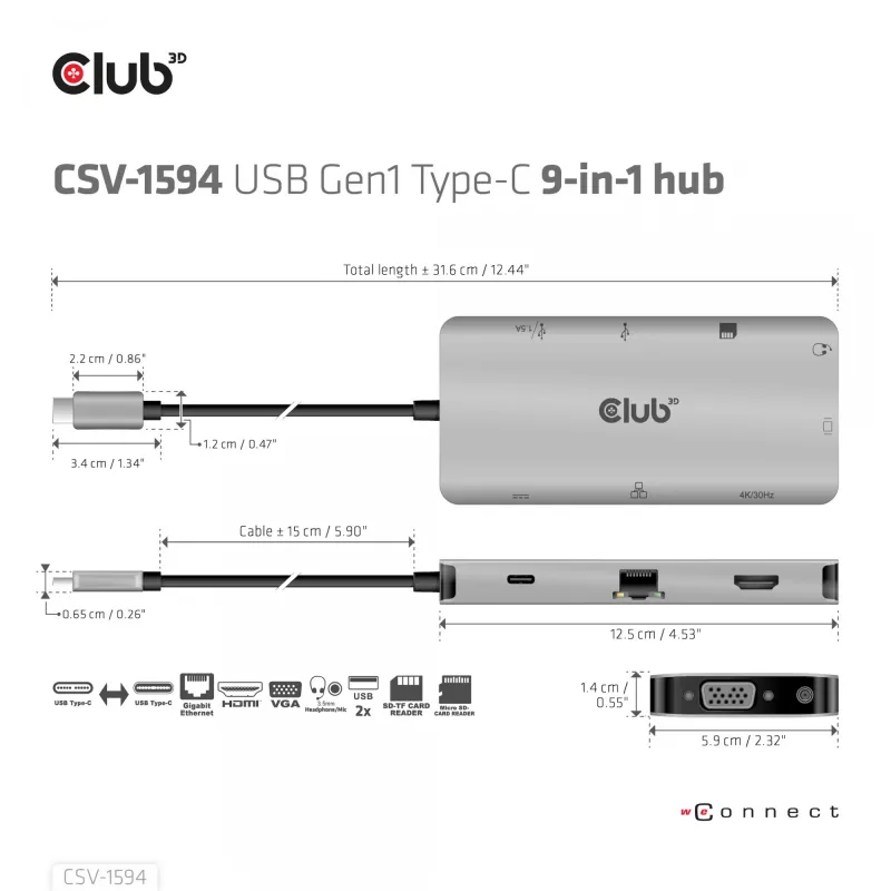 CLUB3D CSV-1594 USB Gen1 Type-C 9-in-1 centrinis įrenginys su HDMI, VGA, 2x USB Gen1 Type-A, RJ45, SD/Micro SD lizdais ir USB Gen1 Type-C moterišku prievadu