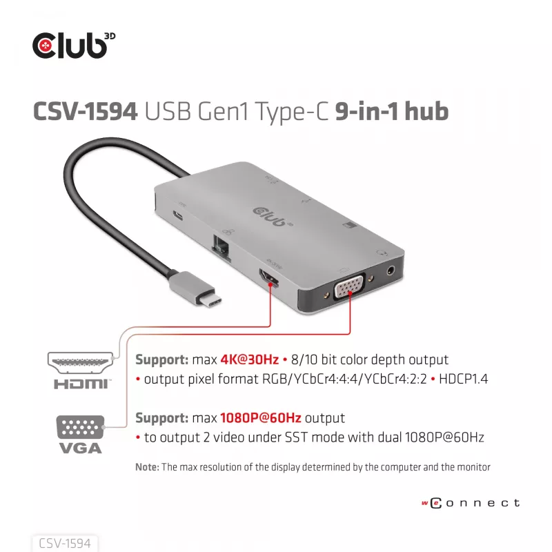 CLUB3D CSV-1594 USB Gen1 Type-C 9-in-1 centrinis įrenginys su HDMI, VGA, 2x USB Gen1 Type-A, RJ45, SD/Micro SD lizdais ir USB Gen1 Type-C moterišku prievadu