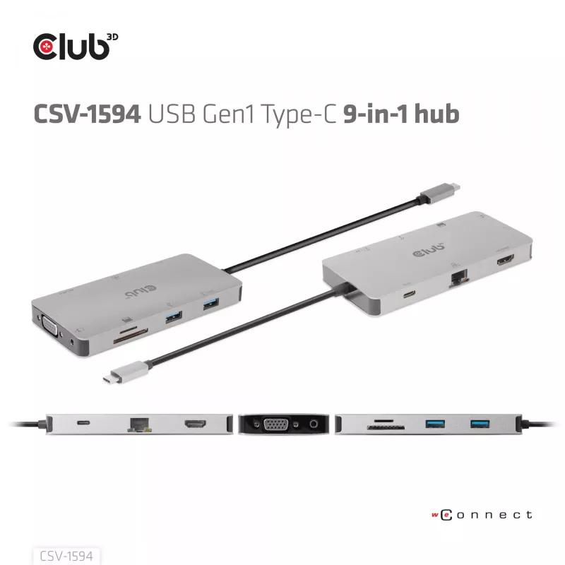 CLUB3D CSV-1594 USB Gen1 Type-C 9-in-1 centrinis įrenginys su HDMI, VGA, 2x USB Gen1 Type-A, RJ45, SD/Micro SD lizdais ir USB Gen1 Type-C moterišku prievadu