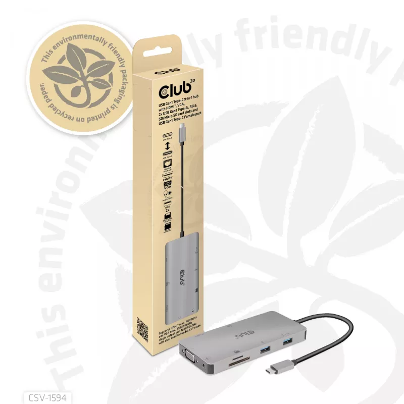 CLUB3D CSV-1594 USB Gen1 Type-C 9-in-1 centrinis įrenginys su HDMI, VGA, 2x USB Gen1 Type-A, RJ45, SD/Micro SD lizdais ir USB Gen1 Type-C moterišku prievadu