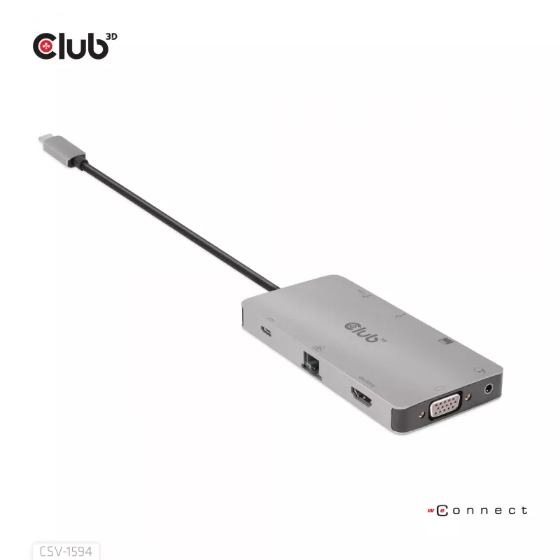 CLUB3D CSV-1594 USB Gen1 Type-C 9-in-1 centrinis įrenginys su HDMI, VGA, 2x USB Gen1 Type-A, RJ45, SD/Micro SD lizdais ir USB Gen1 Type-C moterišku prievadu