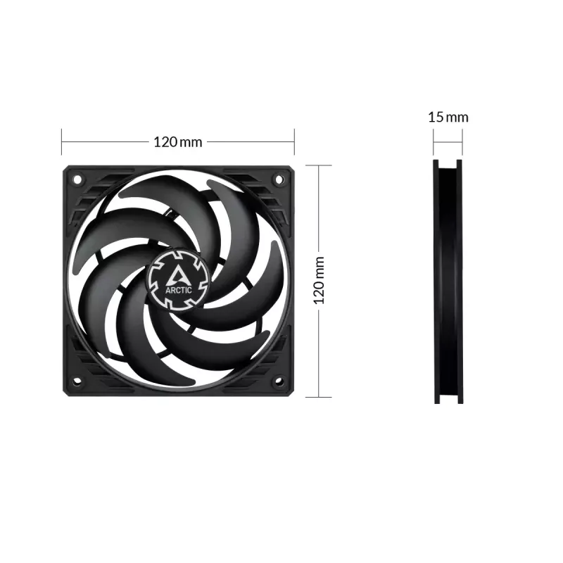 ARCTIC P12 Slim PWM PST – 120 mm spaudimo optimizuotas ventiliatorius su PWM ir integruotu Y kabeliu