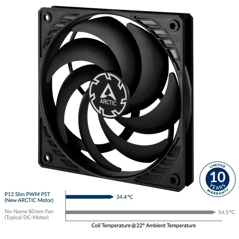 ARCTIC P12 Slim PWM PST – 120 mm spaudimo optimizuotas ventiliatorius su PWM ir integruotu Y kabeliu
