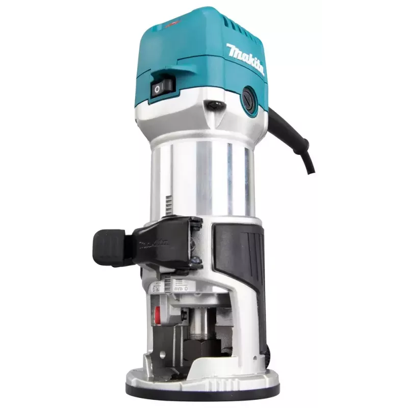 Routeris Makita RT0702CX2J — 710 W, 10 000–34 000 sūkių/min, 8 mm įvorė, 0–40 mm gylis, 1,8 kg