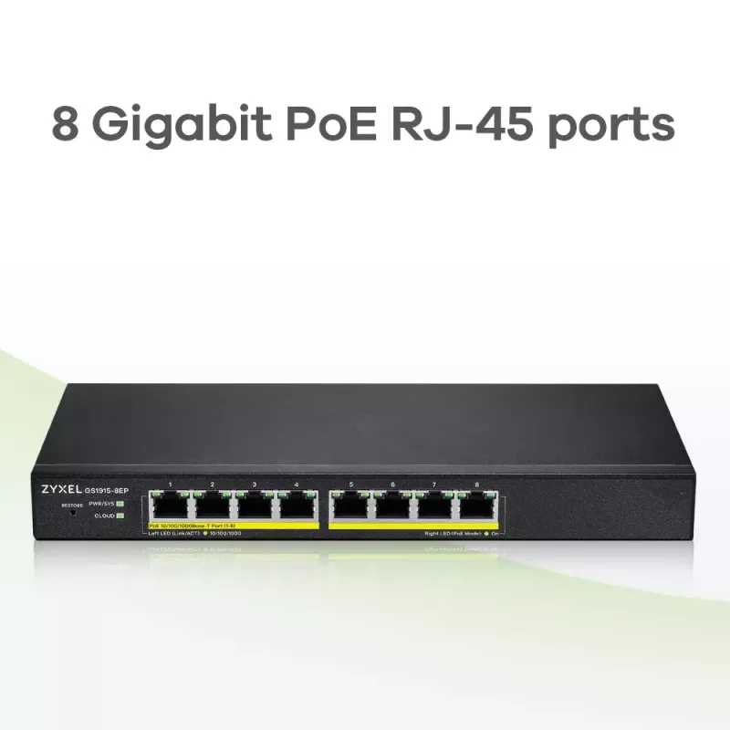 Zyxel GS1915-8EP valdomas L2 Gigabit Ethernet (10/100/1000) PoE jungiklis, juodas