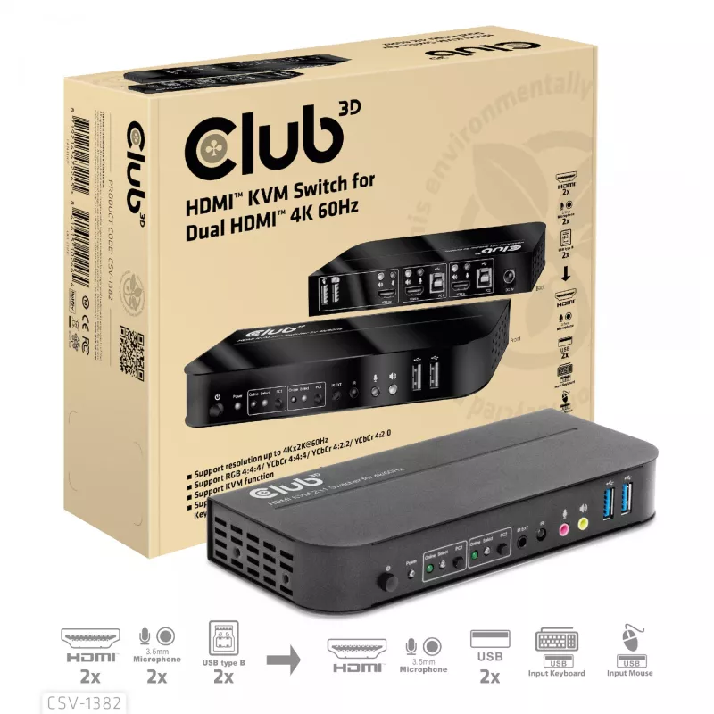 KVM Jungiklis CLUB3D CSV-1382 Dvigubas HDMI 4K 60Hz USB