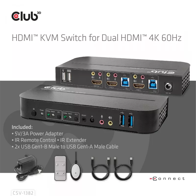 KVM Jungiklis CLUB3D CSV-1382 Dvigubas HDMI 4K 60Hz USB
