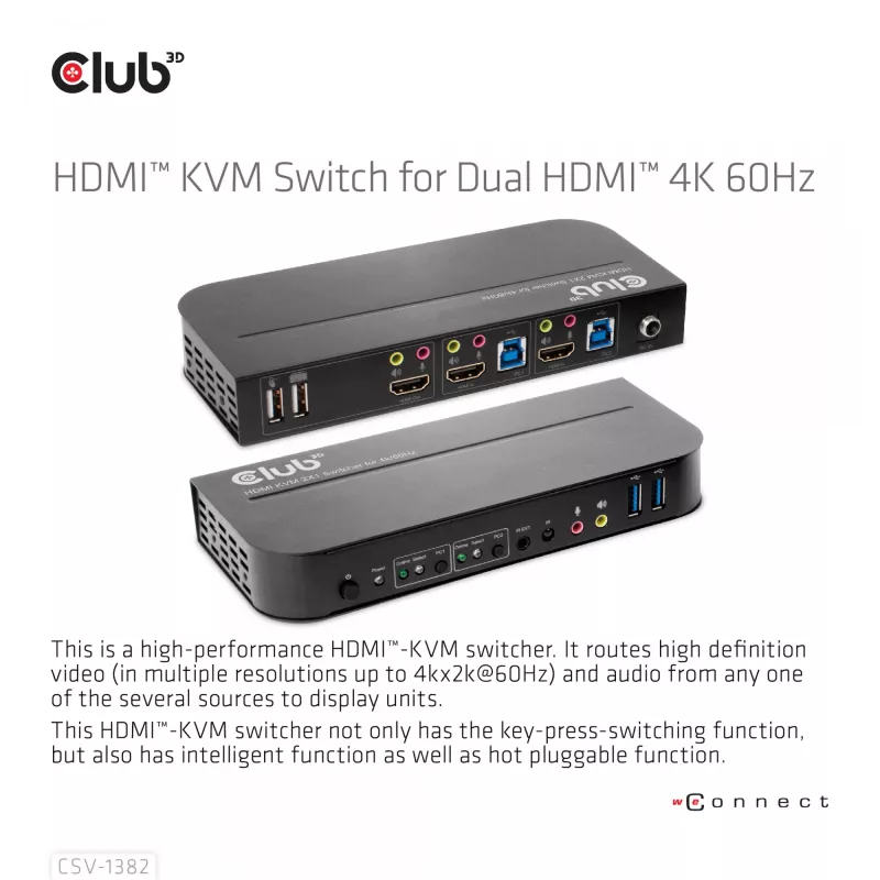 KVM Jungiklis CLUB3D CSV-1382 Dvigubas HDMI 4K 60Hz USB