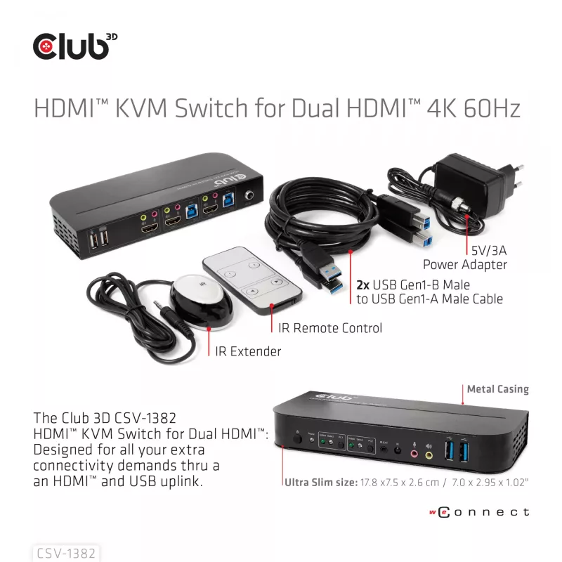 KVM Jungiklis CLUB3D CSV-1382 Dvigubas HDMI 4K 60Hz USB