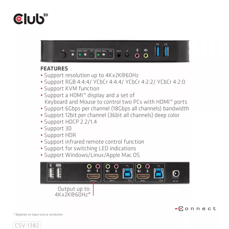 KVM Jungiklis CLUB3D CSV-1382 Dvigubas HDMI 4K 60Hz USB