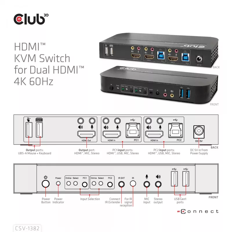 KVM Jungiklis CLUB3D CSV-1382 Dvigubas HDMI 4K 60Hz USB