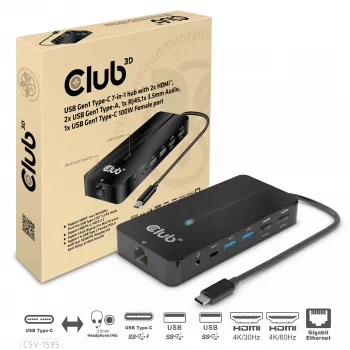 CLUB3D 7-in-1 USB-C stotelė su 2x HDMI, 2x USB-A, RJ45, 3.5mm garsu ir 100W PD įkrovimu