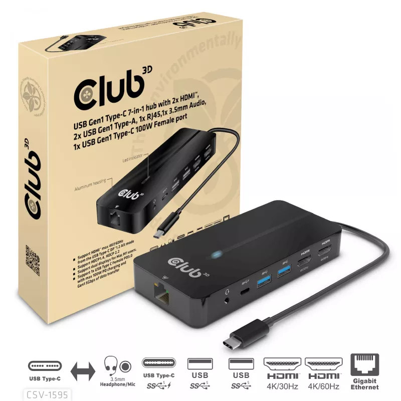 CLUB3D 7-in-1 USB-C stotelė su 2x HDMI, 2x USB-A, RJ45, 3.5mm garsu ir 100W PD įkrovimu