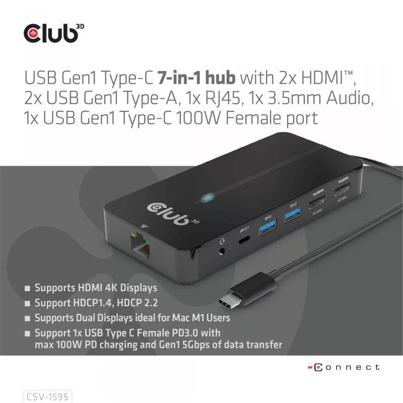 CLUB3D 7-in-1 USB-C stotelė su 2x HDMI, 2x USB-A, RJ45, 3.5mm garsu ir 100W PD įkrovimu