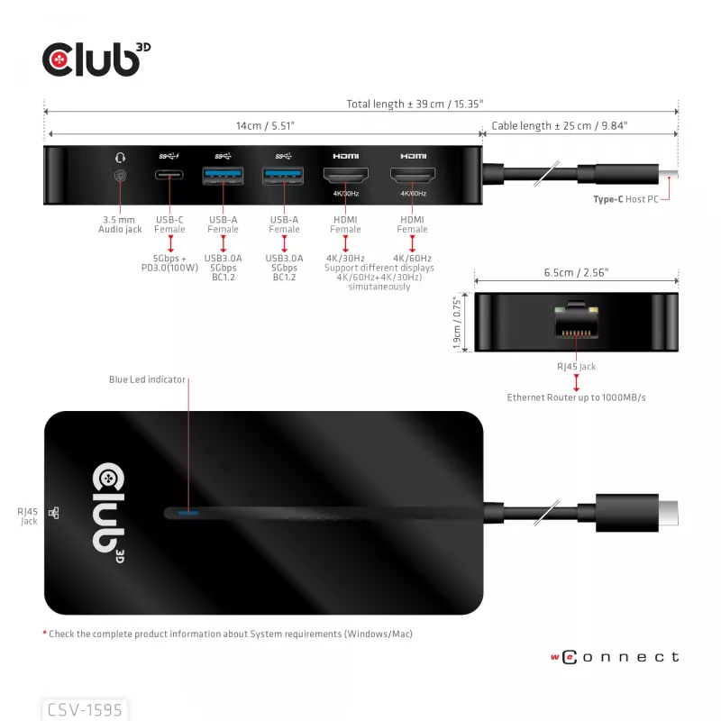 CLUB3D 7-in-1 USB-C stotelė su 2x HDMI, 2x USB-A, RJ45, 3.5mm garsu ir 100W PD įkrovimu