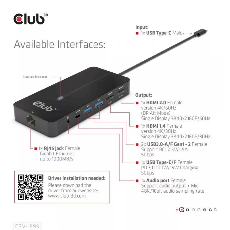 CLUB3D 7-in-1 USB-C stotelė su 2x HDMI, 2x USB-A, RJ45, 3.5mm garsu ir 100W PD įkrovimu