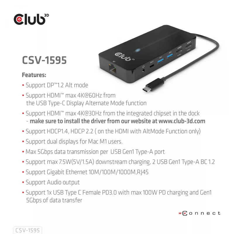 CLUB3D 7-in-1 USB-C stotelė su 2x HDMI, 2x USB-A, RJ45, 3.5mm garsu ir 100W PD įkrovimu