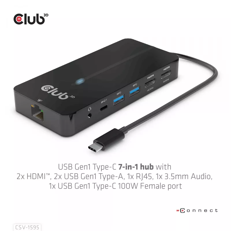 CLUB3D 7-in-1 USB-C stotelė su 2x HDMI, 2x USB-A, RJ45, 3.5mm garsu ir 100W PD įkrovimu