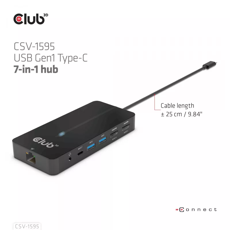 CLUB3D 7-in-1 USB-C stotelė su 2x HDMI, 2x USB-A, RJ45, 3.5mm garsu ir 100W PD įkrovimu