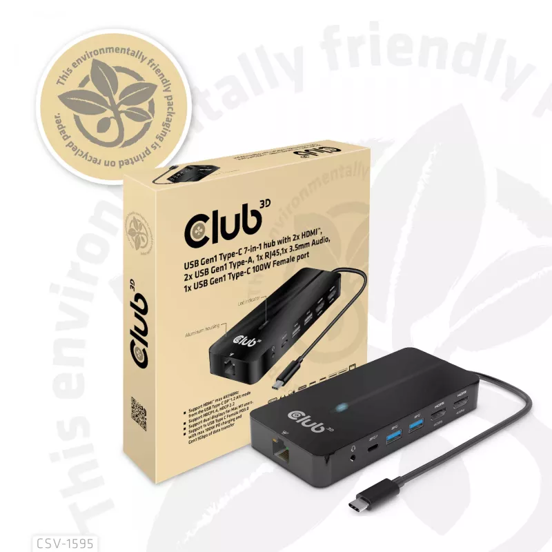 CLUB3D 7-in-1 USB-C stotelė su 2x HDMI, 2x USB-A, RJ45, 3.5mm garsu ir 100W PD įkrovimu