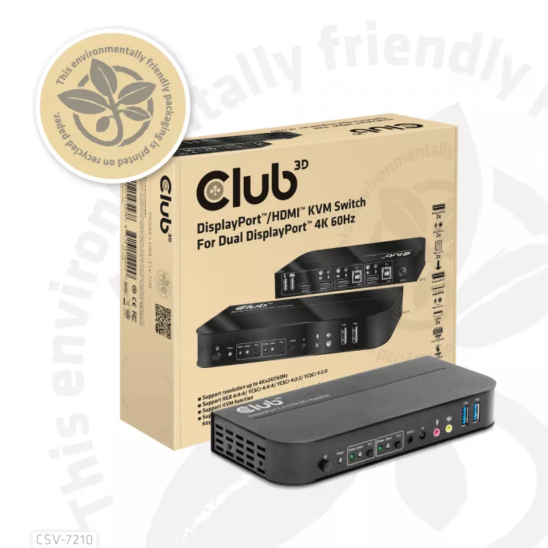 CLUB3D CSV-7210 KVM jungiklis DisplayPort/HDMI, 2 kompiuteriams, 4K 60Hz