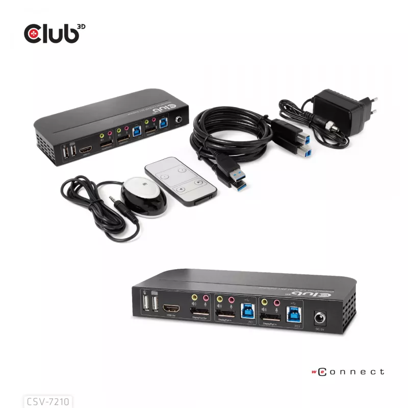 CLUB3D CSV-7210 KVM jungiklis DisplayPort/HDMI, 2 kompiuteriams, 4K 60Hz