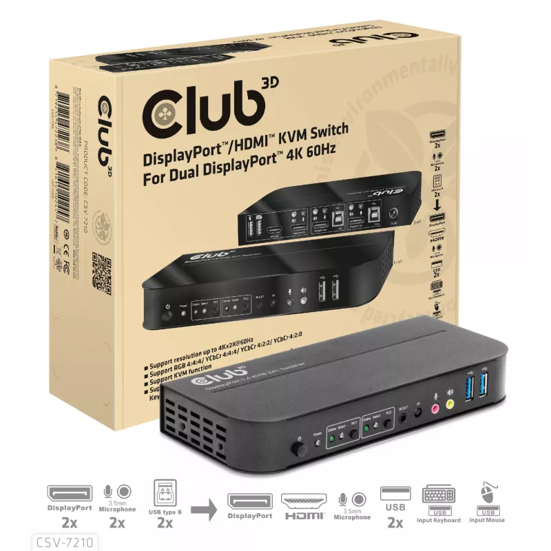 CLUB3D CSV-7210 KVM jungiklis DisplayPort/HDMI, 2 kompiuteriams, 4K 60Hz