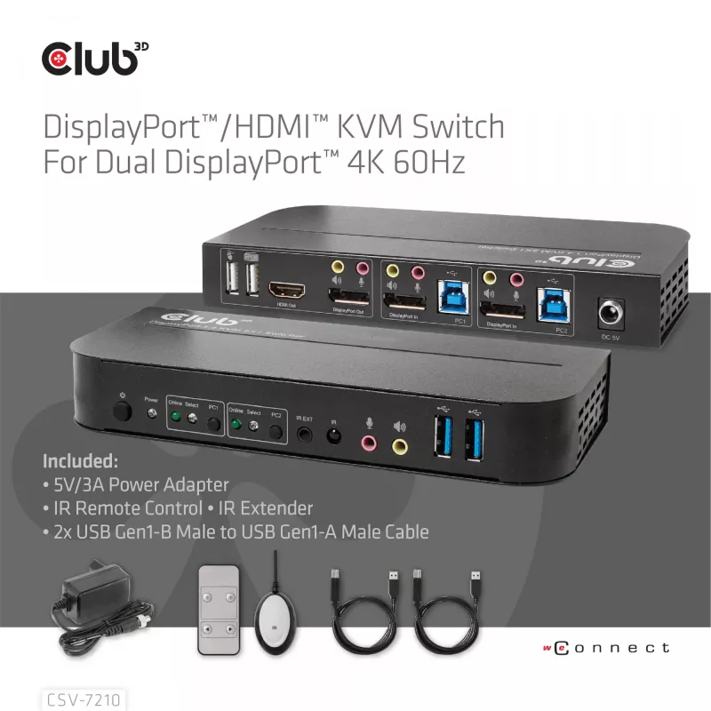 CLUB3D CSV-7210 KVM jungiklis DisplayPort/HDMI, 2 kompiuteriams, 4K 60Hz