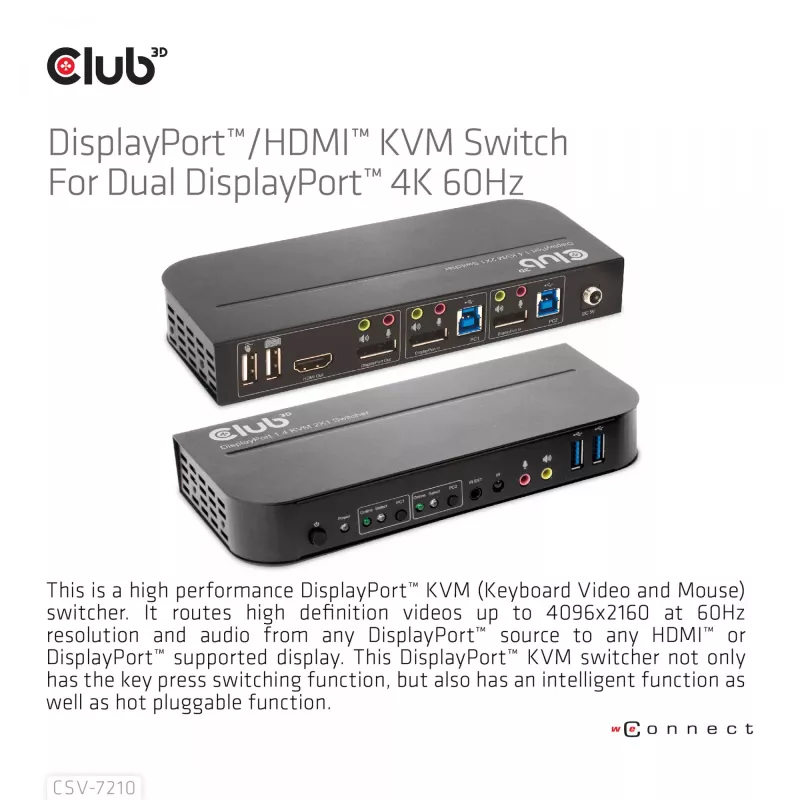 CLUB3D CSV-7210 KVM jungiklis DisplayPort/HDMI, 2 kompiuteriams, 4K 60Hz