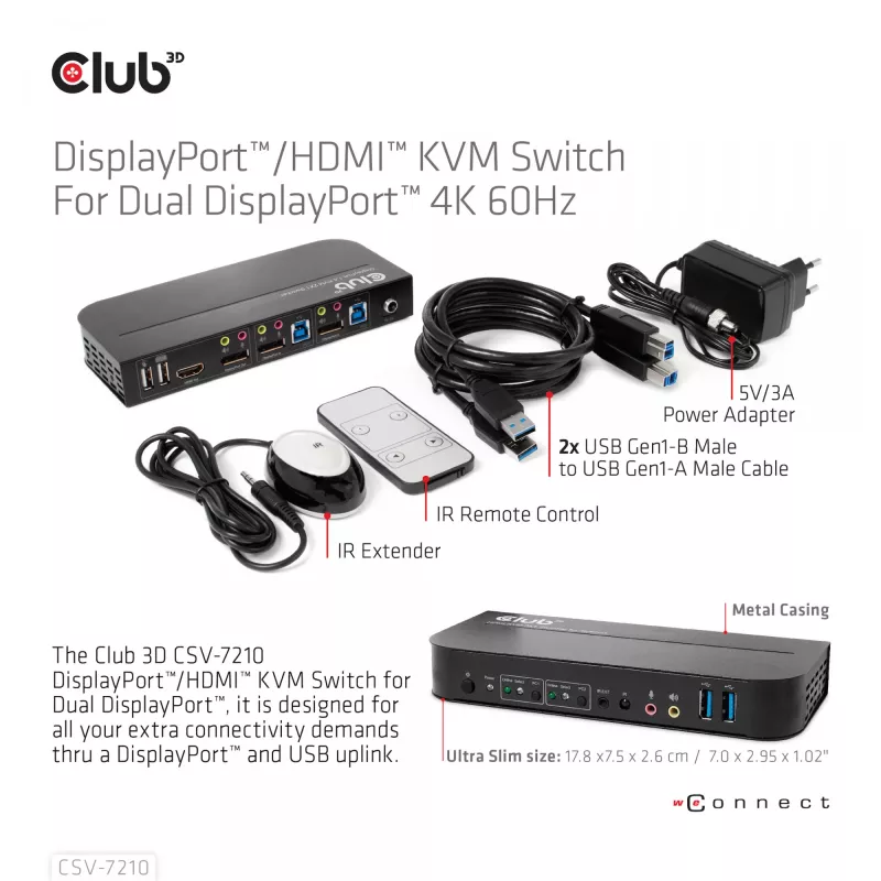 CLUB3D CSV-7210 KVM jungiklis DisplayPort/HDMI, 2 kompiuteriams, 4K 60Hz